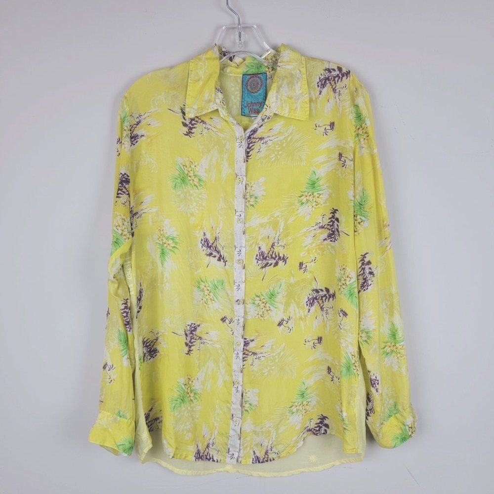 Johnny Was Silk Yellow Tropical Print Floral Embroidered Sheer Button Down Shirt